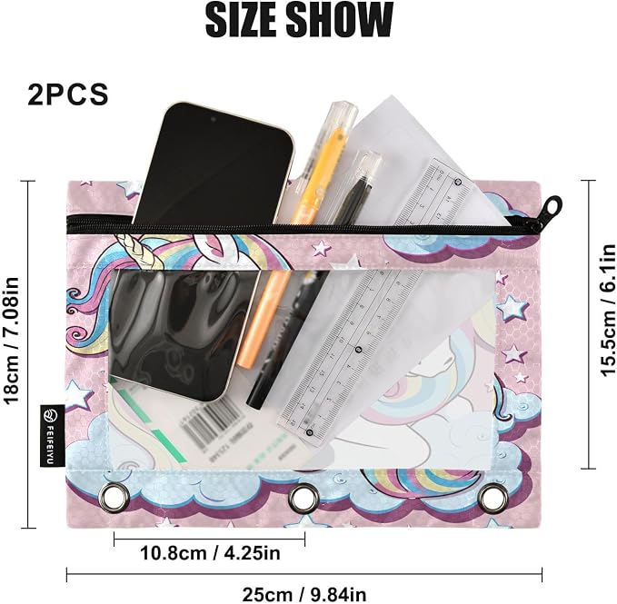 Cute Horse Pencil Pouch Fits Standard 3-Ring Binders, Zipper Binder Pencil Bag with Clear Window for Class Office 2 Pack