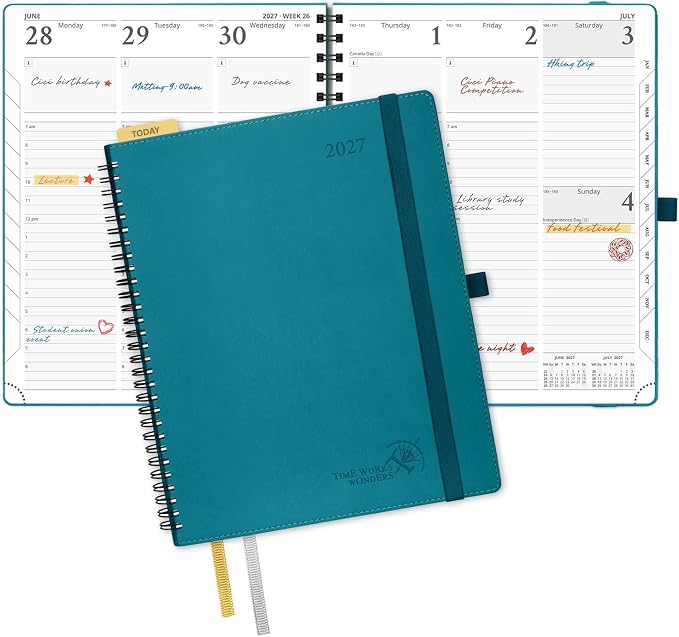 POPRUN 2027 Planner, 8.5'' x 10.5'', Weekly and Monthly Daily Calendar Book | 2027 Agenda(Jan - Dec) Appointment Book with Hourly Time Slots, Monthly Tabs, 100GSM, Spiral Leather Cover - Pacific Green