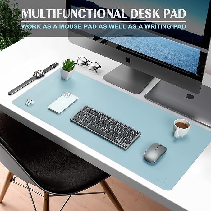 K KNODEL Small Office Desk Mat, Leather Mouse Pad (23.6"x13.8", Light Blue) | Desk Pad, Keyboard Pad, Computer and Laptop Mat, Desktop Protector and Cover, Writing Pad and Blotter for Home Office