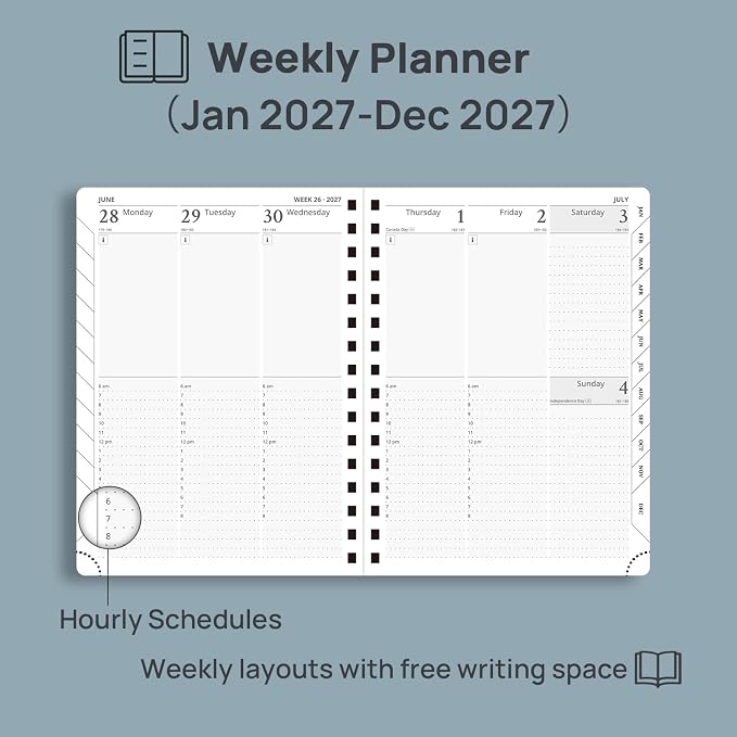 POPRUN 2027 Planner Daily Weekly and Monthly Calendar with Hourly Schedule(Medium Size 8.5'' x 6.25'' Wire-Bound Hard Cover) - Agenda 2027 (Jan.2027-Dec.2027), Monthly Tabs - Navy Blue