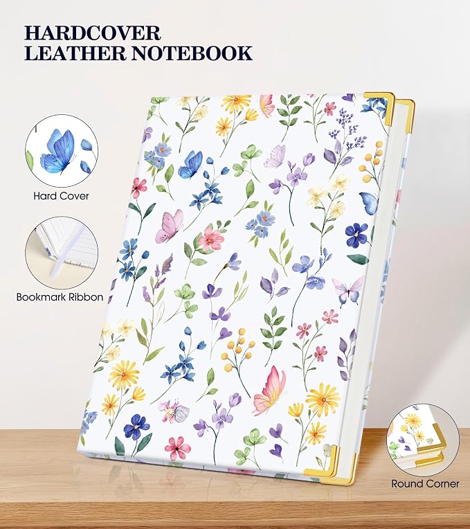 Lined Journal Notebook for Women, A5 Hardcover Leather Journaling Notebooks for Writing, 200 Pages Travel Journal, College Ruled Notebook for Work School, Note Taking 5.75'' X 8.38'' Purple Floral