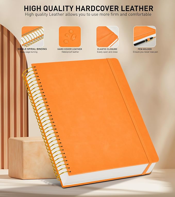B5 Spiral Notebook Journal 7.6” x 10”, 300 Numbered Pages Hardcover Leather Journals for Women Men, Large Lined College Ruled Notebooks, 100GSM Thick Paper, Spiral Bound Journal for Work School, Orange