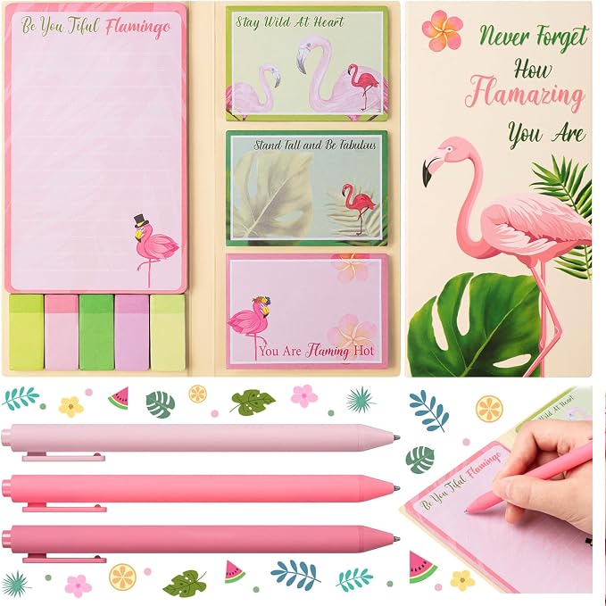 Cute Cartoon Flamingo Sticky Notes Teacher Appreciation Gift, Blackboard Self-Stick Note Pads with 3 Ballpoint Pens, Self-Adhesive Writing Memo Pages Back to School Office Supplies Small Gift