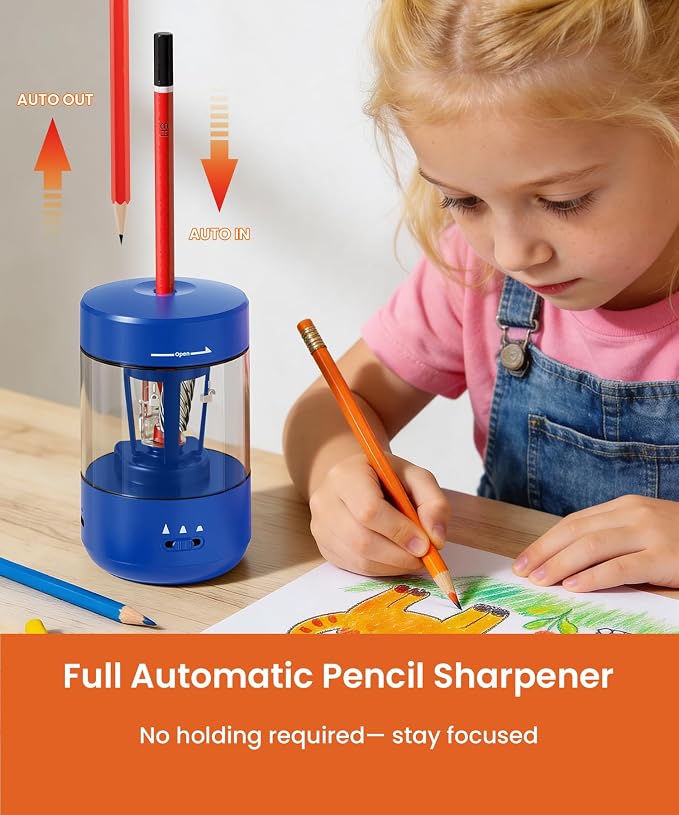 Electric Pencil Sharpener for Classroom, Fully Automatic Pencil Sharpener for 6-8mm Pencils & Colored Pencils, Auto in & Out Type-C Rechargeable Pencil Sharpeners for Home, School, Dark Blue