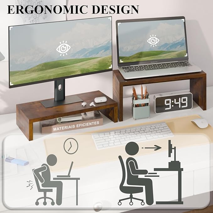 TEAMIX 2-Pack Monitor & Laptop Stand Riser, Wood High-Low Dual Monitor Set | Stacked/Separate Use, Adjustable Computer Stand for 2 Monitors, Holds 80Lbs, Rustic Desk Organizer for Home Office, Gaming