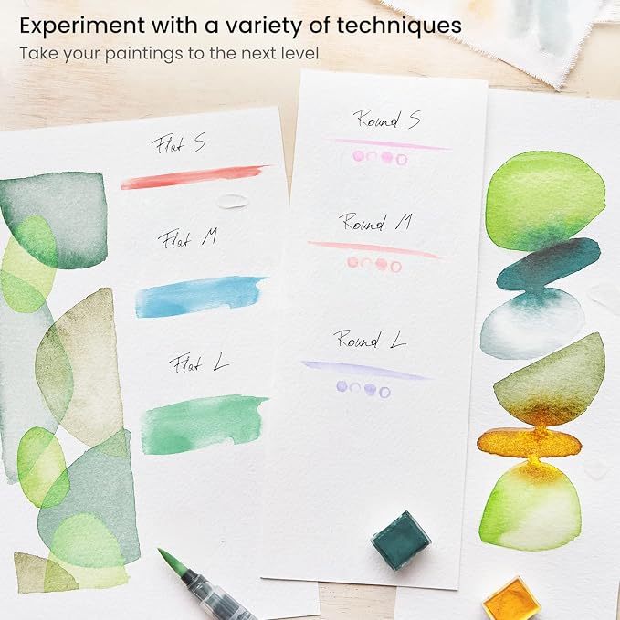 ARTEZA Water Brush Pens, Set of 6, Refillable Self-Moistening Watercolor Brush Pens with Round and Flat Nylon Tips for Painting, Calligraphy, Lettering and Travel