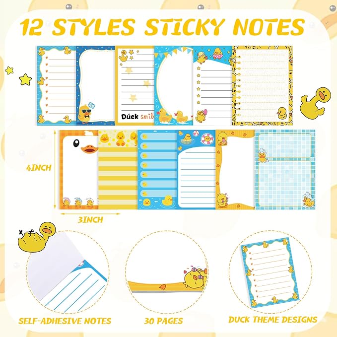 Chiisong 12 Pcs Duck Lovers Sticky Notes Yellow Ducks Self Stick Note Pads Cartoon Animal Writing Memo Pad Office Party Favors Supplies for Home Party Decorations Christmas Small Gifts