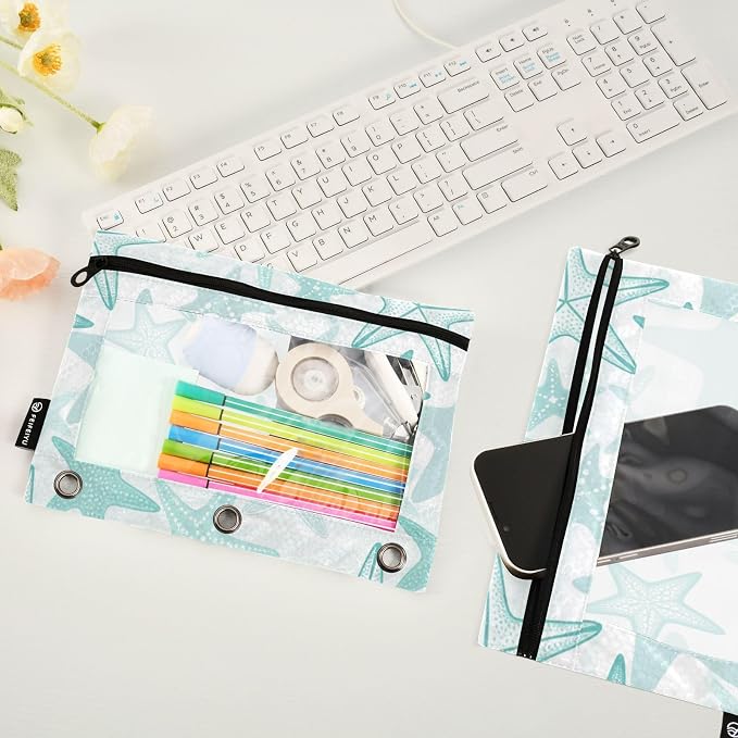 Gredecor Binder Pencil Pouch 3 Ring Starfish Monochrome Zipper Pencil Pouches Case 2 Pack Clear Binder Organizer for School Office