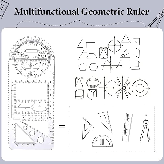 Multifunctional Geometric Ruler, 2 Pcs Geometric Drawing Template Measuring Tool Plastic Mathematics Drawing Ruler, Draft Rulers for Student School Office Supplies and Building Supplies-Clear