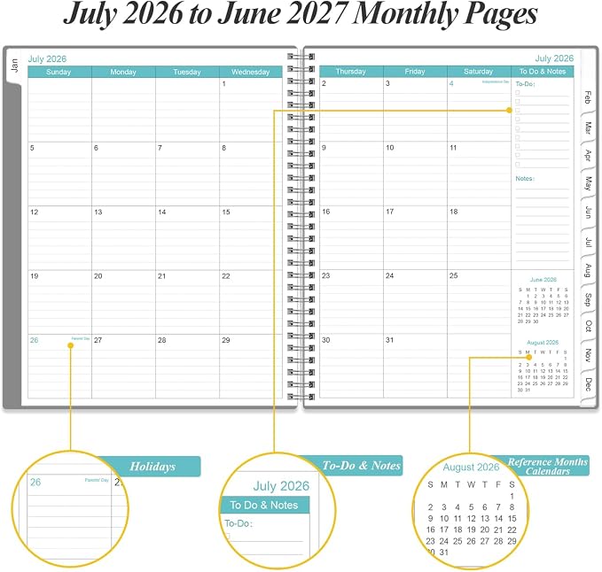 2026-2027 Planner - Planner 2026-2027 from July 2026 to June 2027 with 12 Monthly Tabs, Flexible Cover, Inner Pocket, 8.5" x 11", Grey-B
