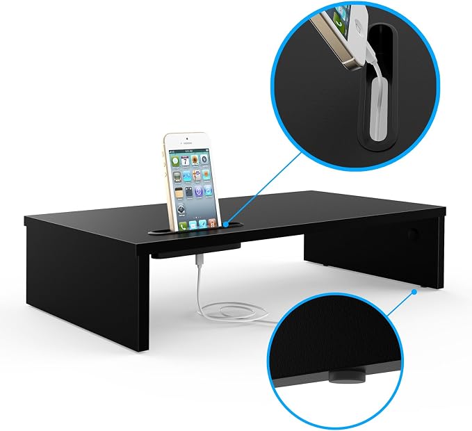 1home Ergonomic Monitor Stand Riser, 21.3 Inch Wood Desktop Stand with Cellphone Holder and Cable Management, Black | Wood Desktop Organizer with Cellphone Holder and Cable Management for PC, Laptop, Printer and Home Office Workspace