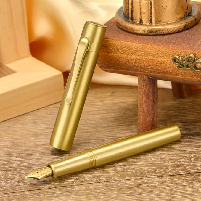 HONG DIAN M2 Black Forest Mini Fountain Pen, Fine Soft Golden Nib & Sleek Shape Brass Short Pocket Travel Pen (Glossy Brass)