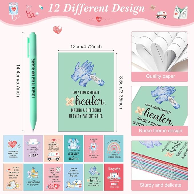 Mooliwe 24 Pcs Positive Affirmation Gift Set Gratitude Notebooks with Pens Small Bags Motivational Encouragement Notepads Daily Affirmations Journal for Women Stress Relief Self Care (Nurse)