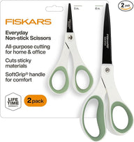 Fiskars Everyday Fashion Scissors 2-Pack, Non-Stick Stainless Steel Blades, 8" & 5" Scissors Set, Ergonomic SoftGrip Handles for Home, Office & Craft Cutting, White & Green Forest Fern Color