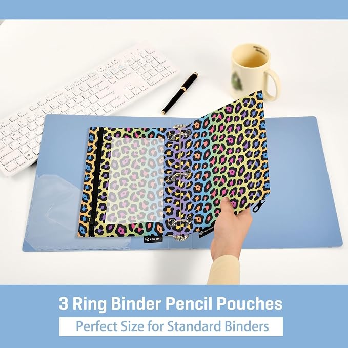 ALAZA Pencil Pouch for 3 Ring Binder, Leopard Print Rainbow Binder Pencil Pouches with Clear Window Zipper Pencil Case Cosmetic Bags for Office College Supplies, 2PCS
