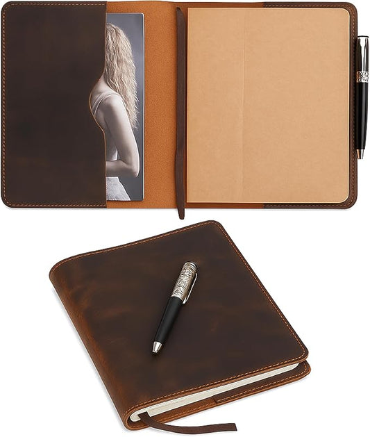 Brown XL Leather Journal Cover 7.5 x 9.5 – Refillable Genuine Leather Notebook Cover for Composition Notebook, Planner & Diary – Handmade Protective Travel Writing Case
