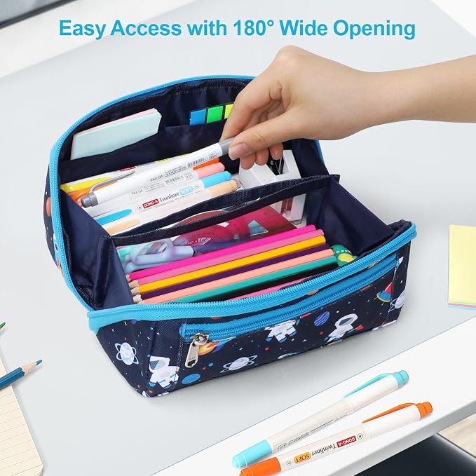 Large Pencil Case for Boys - Aesthetic Pencil Pouch for School | Kids Pencil Case & Wide Handle, Water Resistent Organizer Box, Fits 50 Pens & Markers, Daily Use, Dark Blue Space Astronaut