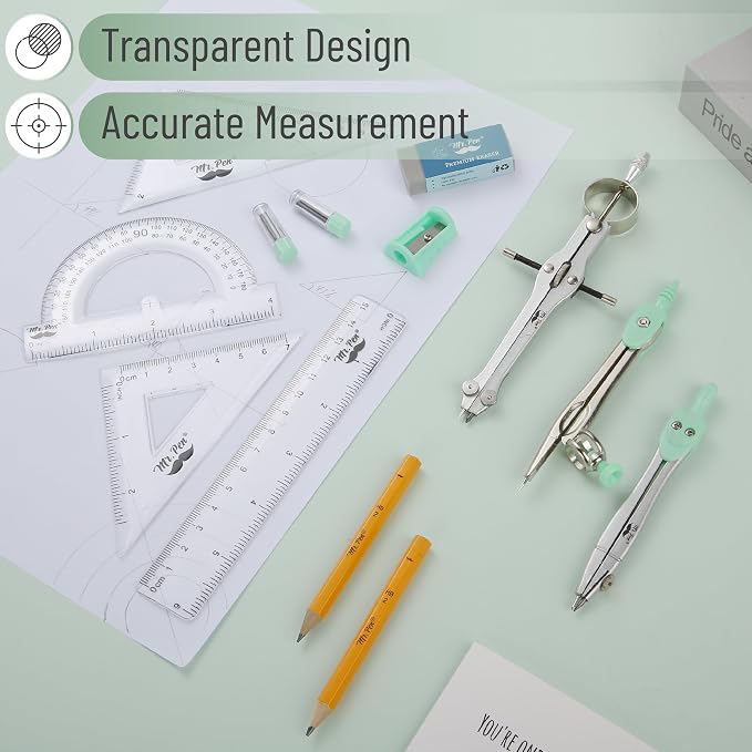 Mr. Pen- Geometry Set, 13 pcs, 3 Metal Compasses, Protractor, 6" Ruler | 45° & 30°/60° Set Squares, Pencils, Lead Refills, Sharpener & Eraser for Math, Drafting & Classroom Use | 45° & 30°/60° Set Squares, Pencils, Lead Refills, Sharpener & Eraser for ...
