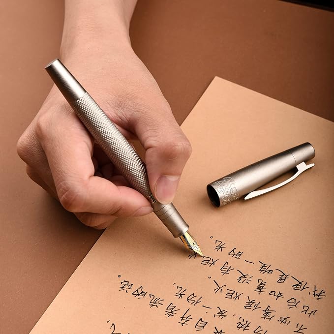 Hongdian 6013 Silver General Fountain Pen, Iridium Gold-silver Medium Nib Solid Metal Writing Pen with Metal Case