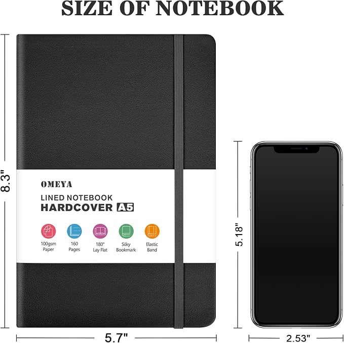 OMEYA Hardcover Journal Notebooks for Work: 4 Pack, A5 100gsm Lined Paper | Multicolor, 5.7" x 8.3", PU Leather Cover, Notebooks for Office, School, Meetings, Daily Plans and Personal Journaling