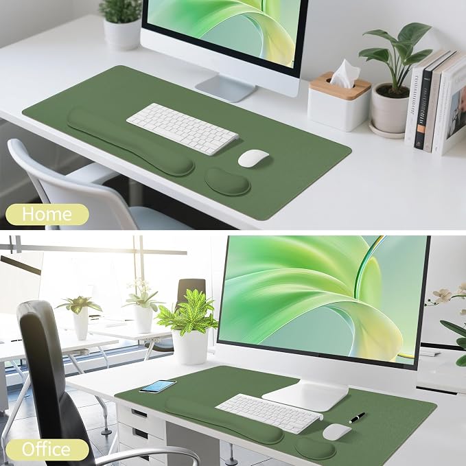 Green Leather Desk Pad and Keyboard Wrist Rest, 3in1 Mouse Pad + Keyboard Wrist Rest + Mouse Wrist Rest, Non-Slip Waterproof Desk Writing Pad for Office and Home (27.6"×13.8")