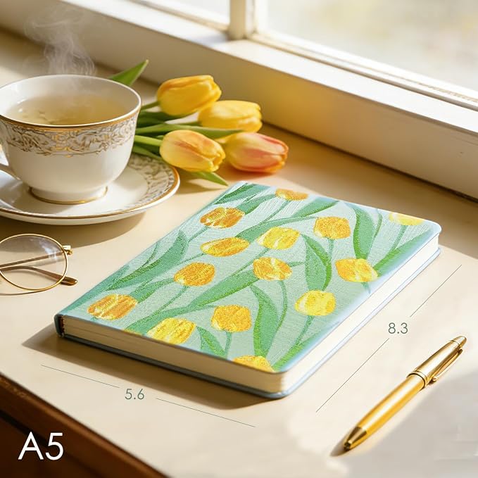Tulip Gifts, Floral Journal, Cute Notebook, Embroidered Flower Cover, A5, Lined Paper, Wide Ruled, Hardcover, Lay Flat, Journal for Women, Pretty, Garden Journal, Tulips
