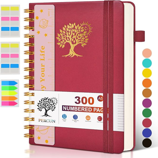 PERCUN Spiral Notebook 300 Numbered Lined Pages Hardcover Journal 5.9"x8.5" | College Ruled Spiral Bound Notebook with Tabs, A5 Leather Journal for Women Men, Work, School, Travel, Writing & Note Taking