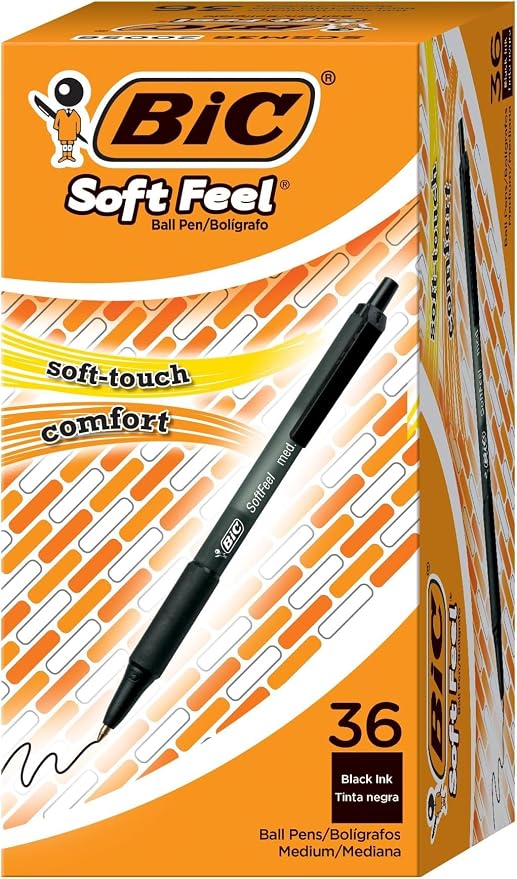 BIC Soft Feel Black Retractable Ballpoint Pens, Medium Point (1.0mm), 36-Count Pack, Black Pens With Soft-Touch Comfort Grip (Pack of 12)