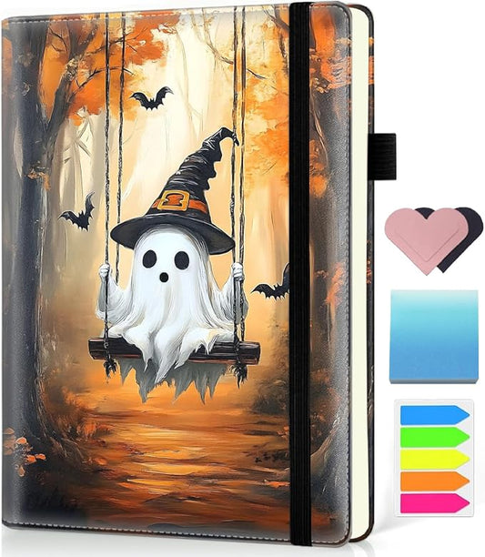Hardcover Executive Notebooks, A5 PU Leather Lined Journal Notebook, 200 Pages Thick Paper Subject Notebooks for School,Work,Home Writing Business Notebook, Diary Book ，Ghost on The Swing