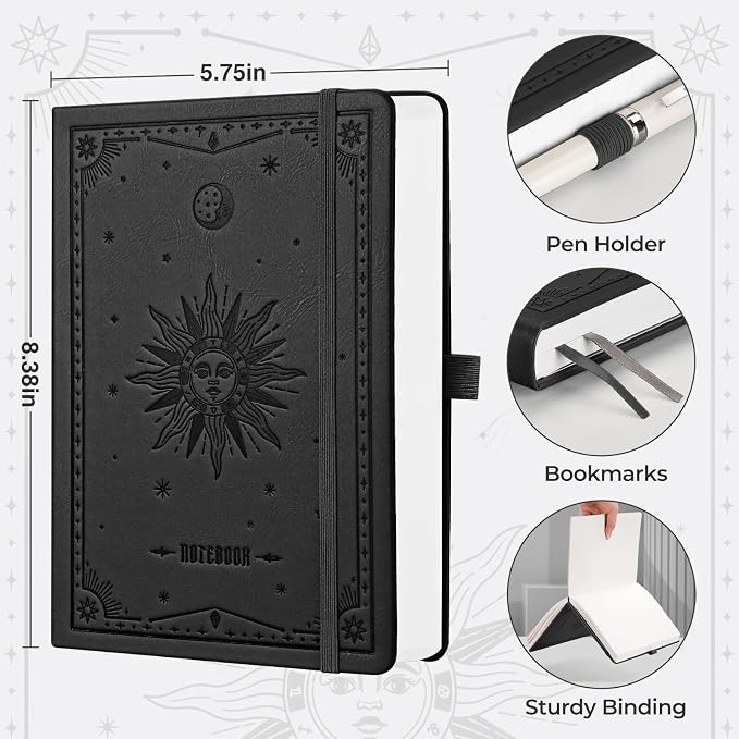 EMSHOI Dotted Journal Notebook, 320 Pages, A5 Size (5.7'' x 8.3'') | Leather Hardcover, 100 GSM Thick Paper, for Journaling, Planning, Tracking & Sketching, Sun Debossed (Black)