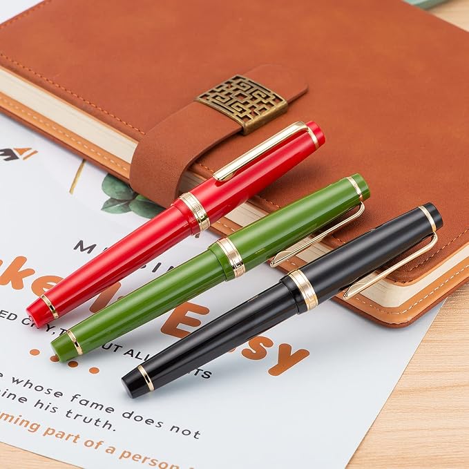 Jinhao 82 Avocado Green Acrylic Fountain Pen, Iridium Extra Fine Nib Classic Design Smooth Writing Pen with Ink Converter (Gold Trim)