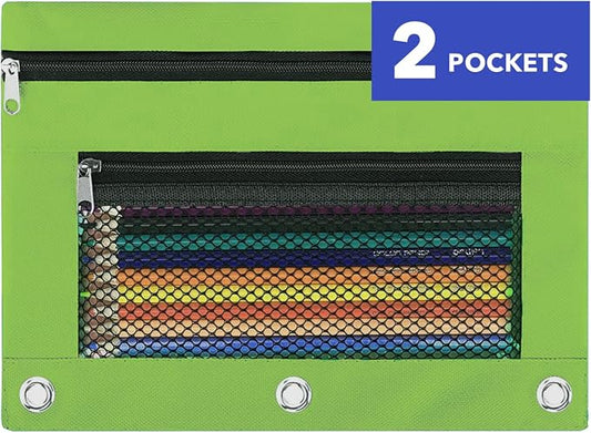 Pencil Pouch for 3 Ring Binder - 3 Hole Zipper Pen Case Bag Holder Bulk Accessories Clear Window Aesthetic Organizer Pockets (Grass Green)