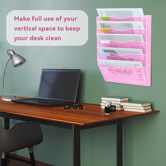 5 Pockets Mesh Wall File Holder Organizer Office Hanging File Folder Magazine Rack, Nametag Label Hooks Set Included (Pink)
