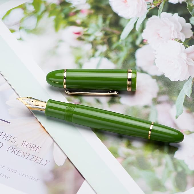Jinhao X159 Avocado Green Acrylic Fountain Pen, Size 8 Medium Nib Gold Trim Classic Design Smooth Writing Pen with Converter