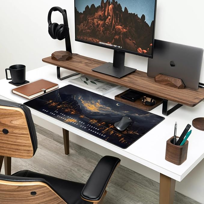 Starry Night Mountain Desk Pad Mat Moon Oil Painting XXL Black Mouse Pad for Gaming Deskpad, Aesthetic Moon and Stars Mousepad Xxl for Laptop Computer Mouse Game Keyboard Mat, 31.5 X 15.8 In