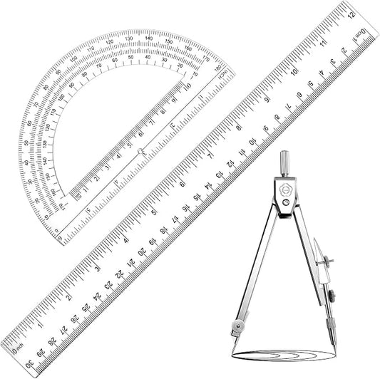Zonon 3 Pcs Plastic Ruler 6 Inch Protractor Drawing Compass Set, Student Geometry Math Transparent Measuring Tools for Home School Classroom Office Supplies(12 Inch,Clear)