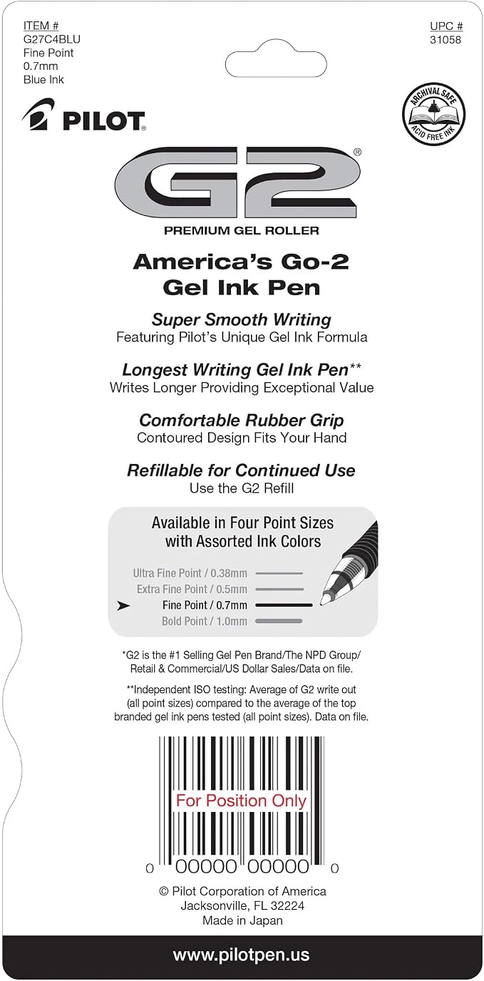 PILOT G2 Premium Gel Roller Pens,Fine Point 0.7 mm,Blue Ink Pens Fine Point,- Ideal for School,Journaling,and Office Writing,4 Count (Pack of 2)