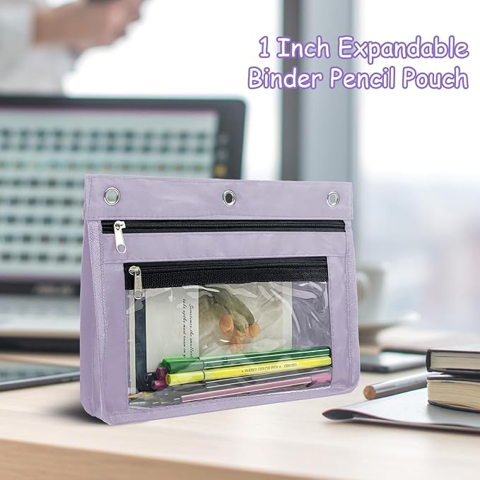 YoeeJob 1 Pack Pencil Pouch for 3 Ring Binder, Expandable Binder Pouches with Zipper, Large Capacity Pen Holder Case with Clear Window School Class Office Organizers, Lavender