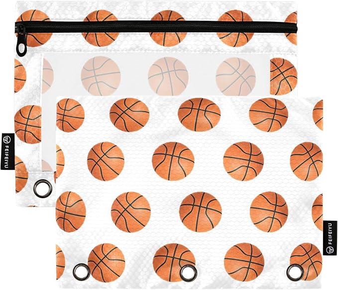 Basketball Pencil Pouches for 3 Ring Binder, Zipper Binder Pencil Case, 2 Pack Clear Window Case Bag for Office Organizers
