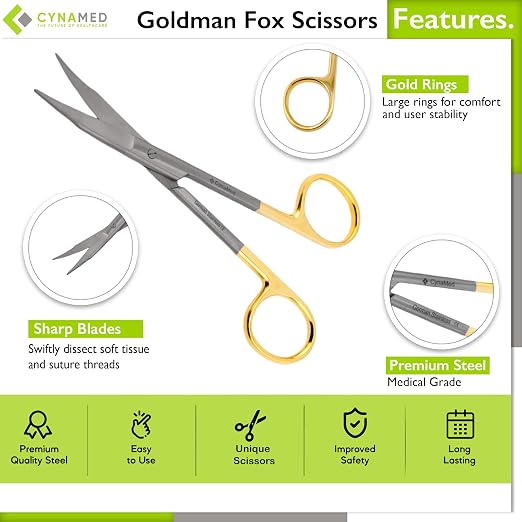 Goldman Fox Scissor 13 cm - Super Cut Sharpness - Premium Quality German Stainless Steel - Gold Handles by Cynamed (Curved Blades) …