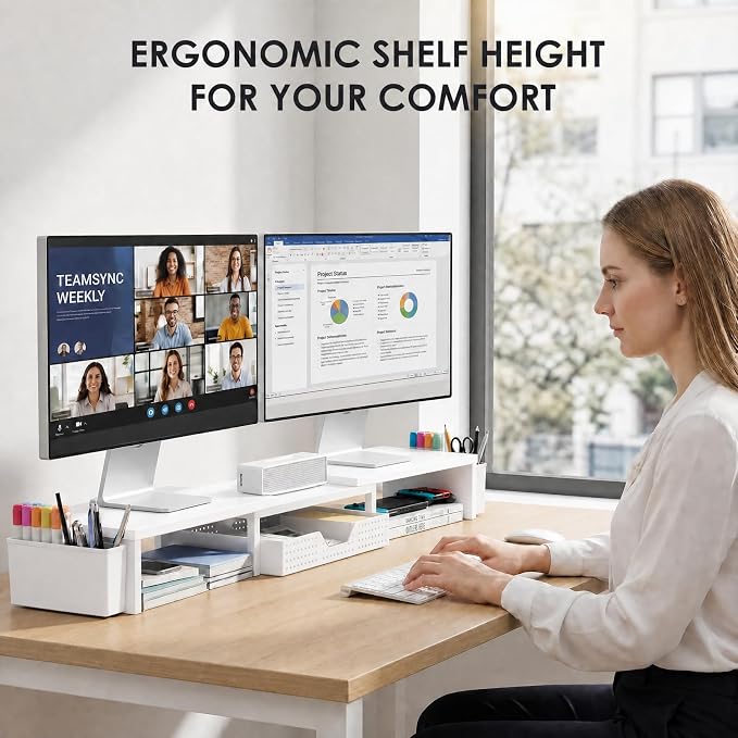 OPNICE Desk Organizers and Accessories, Dual Monitor Stand Riser with Drawer and 2 Pen Holders, Desk Shelf Metal Computer Racks for Office Workspace Organizers, Desktop Organization (White Metal)