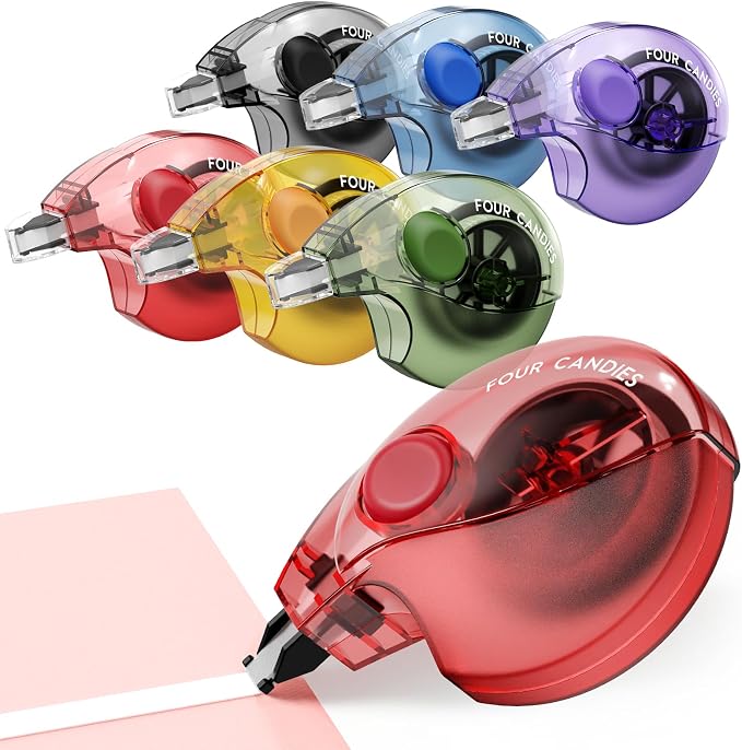 Four Candies Silent Correction Tape, White Correction Tape 6 Pack, 26.2ft, Ergonomic Easy-to-Use Applicator, Fast Clean Instant Corrections, Smooth High-Opacity Tear-Resistant Office & School Supplies