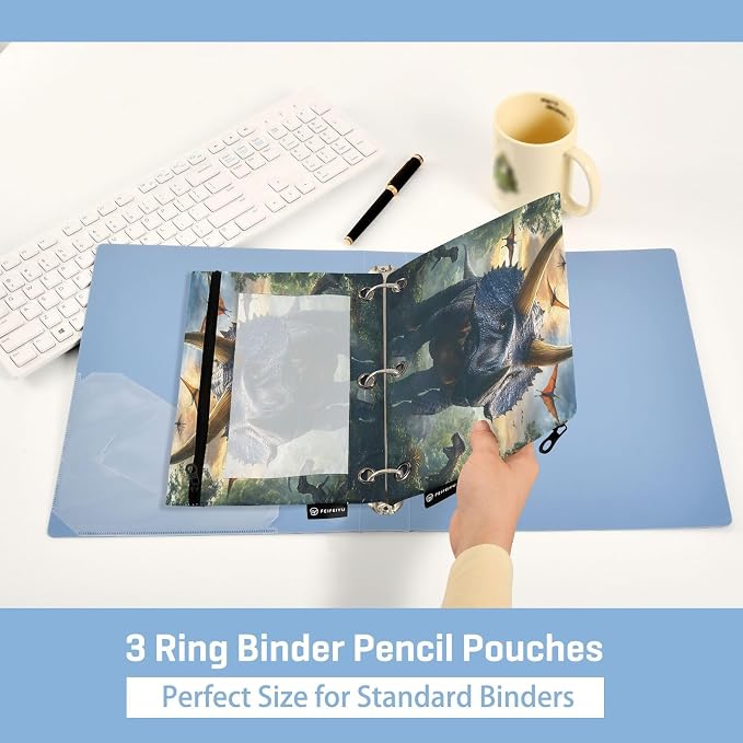 Triceratops Dinosaur Pencil Pouch for 3 Ring Binder 2 Pack Zipper Binder Pencil Bag with Clear Window Pencil Case for Office Supplies