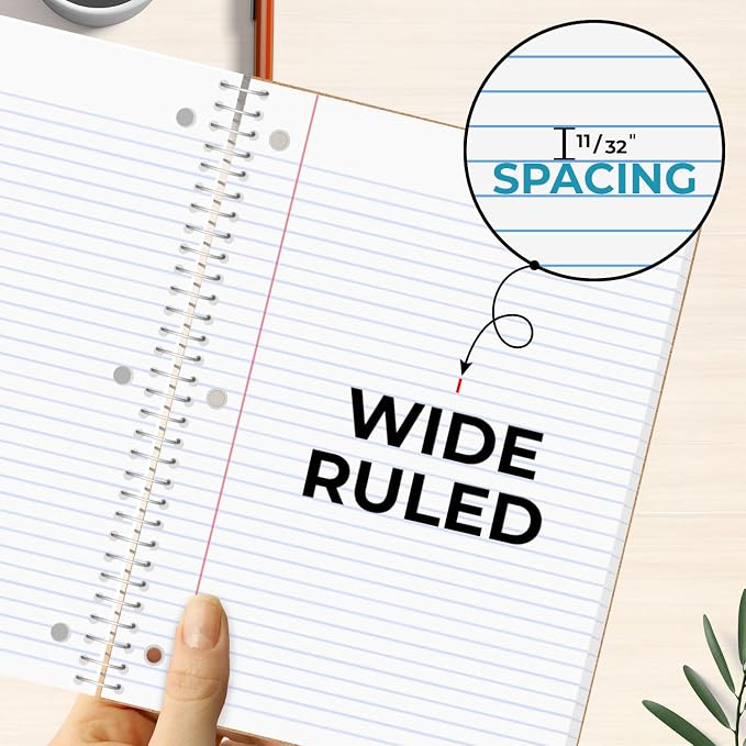 Rosmonde 24 Pack 3 Subject Spiral Notebook Wide Ruled Bulk, Thick Paper, Extra Pages - 300 Pages (150 Sheets), 8 x 10-1/2", Bulk Subject Notebooks for Home & Writing Daily Chores, Bulk Spiral Notebook