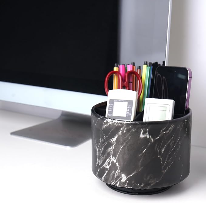 Round Leather Art Supply Organizer,Remote Control Holder,360-degree Rotating Pen Organizer with 4 Compartments(1-Marble Black Silver)