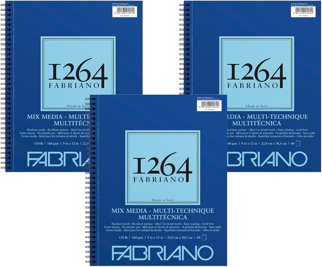 Fabriano 1264 Mixed Media Pad, 9" x 12", Spiral Bound, 110 lb., 3-Pack