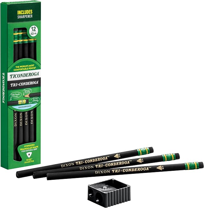 Ticonderoga Tri-Conderoga Triangular Pencils, Wood-Cased #2, Sharpener, Soft Touch Comfort Barrel, Black, 12-Pack (22500)