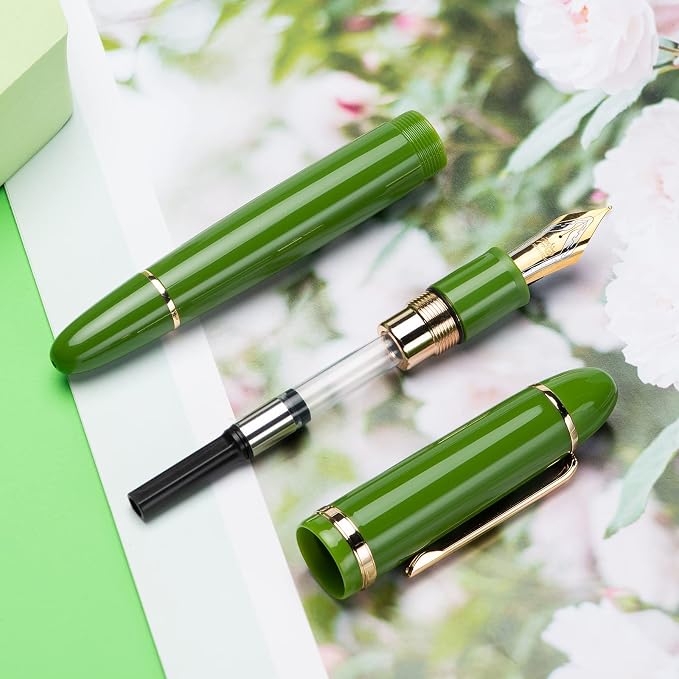 Jinhao X159 Avocado Green Acrylic Fountain Pen, Size 8 Fine Nib Gold Trim Classic Design Smooth Writing Pen with Converter
