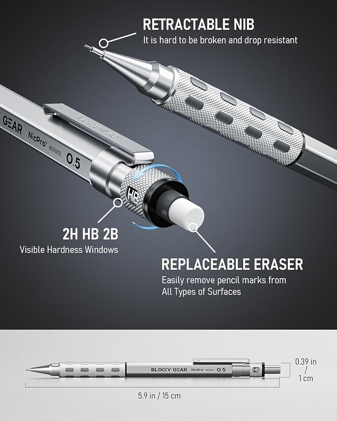 Nicpro Blocky Gear 0.5 mm & 0.7 mm Mechanical Pencils Set in Case | Metal Pencil with 6 Tube Lead Refills, Eraser, Eraser Refills for Professional & Adult Art Writing Drafting Drawing Sketching