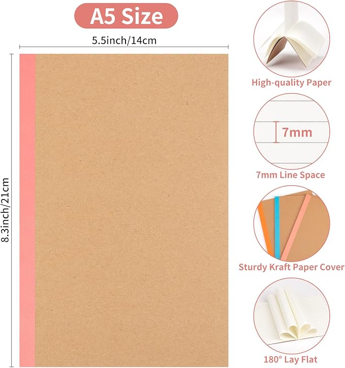 120 Pack Lined Notebook Journals Bulk, A5 College Ruled Composition Notebook, 8.3”x 5.5”, Kraft Cover with Rainbow Spines, 15 Colors 60 Pages for School Office Travel